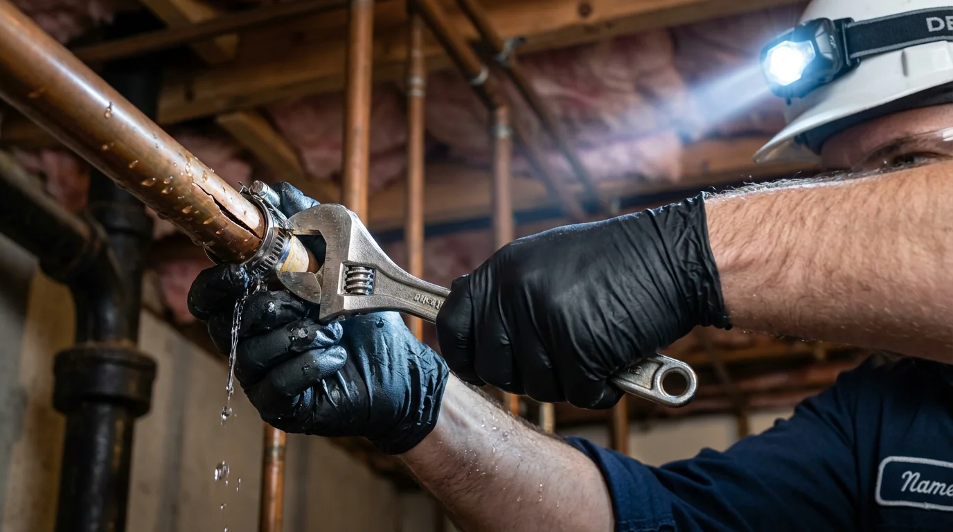 Emergency pipe clamp repair being performed by a Johns Plumbing LLC plumber in Chatom