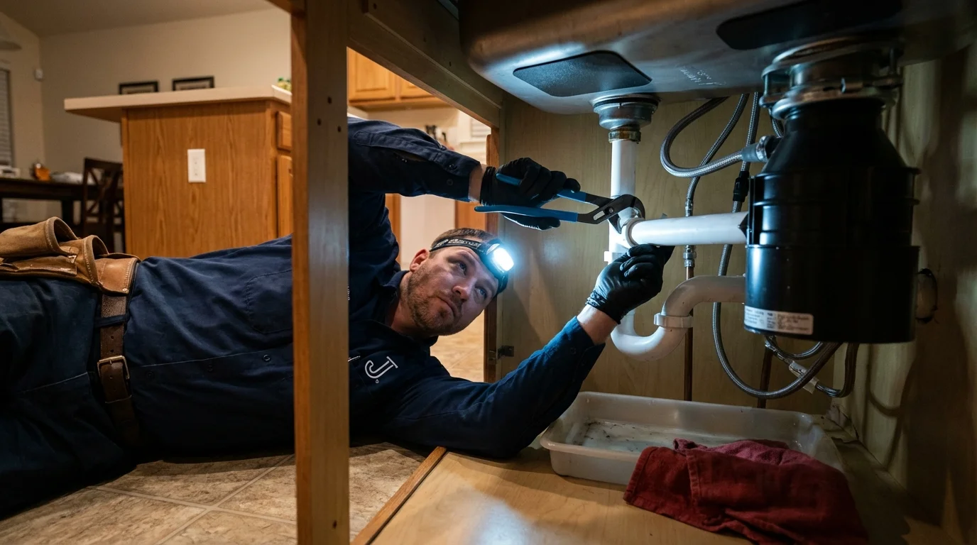 P-trap and supply line connections under a kitchen sink showing a common leak point in Chatom, AL